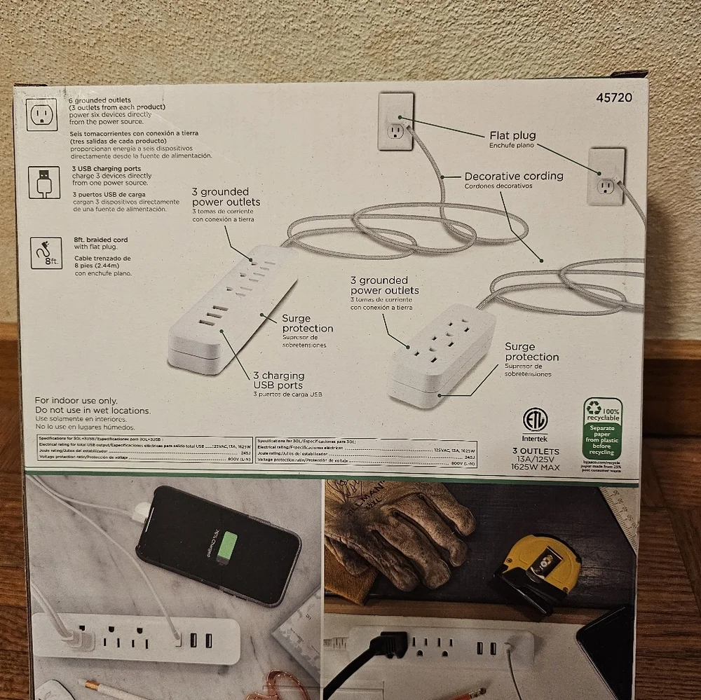 Jasco 2 Pack Extension Cords with USB Charging 8 Ft Extra Long 6 Outlets 3 USB